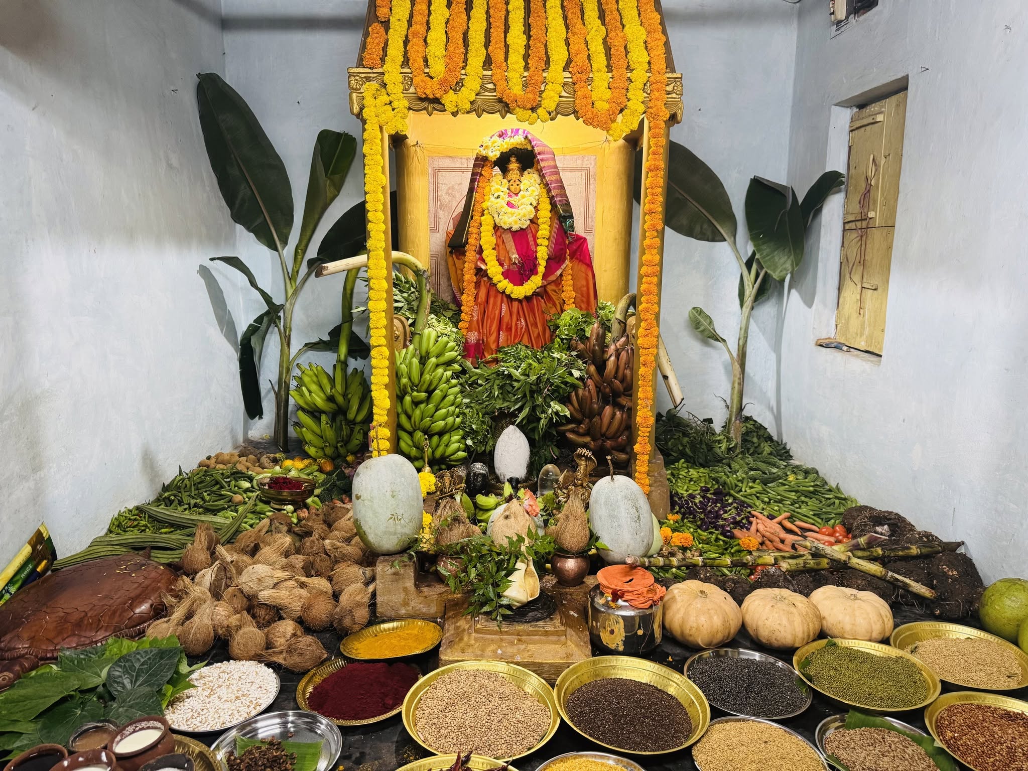 Sri Siddheshwari shrine decorated with marigold garlands and abundant offerings of fruit, grains and vegetables